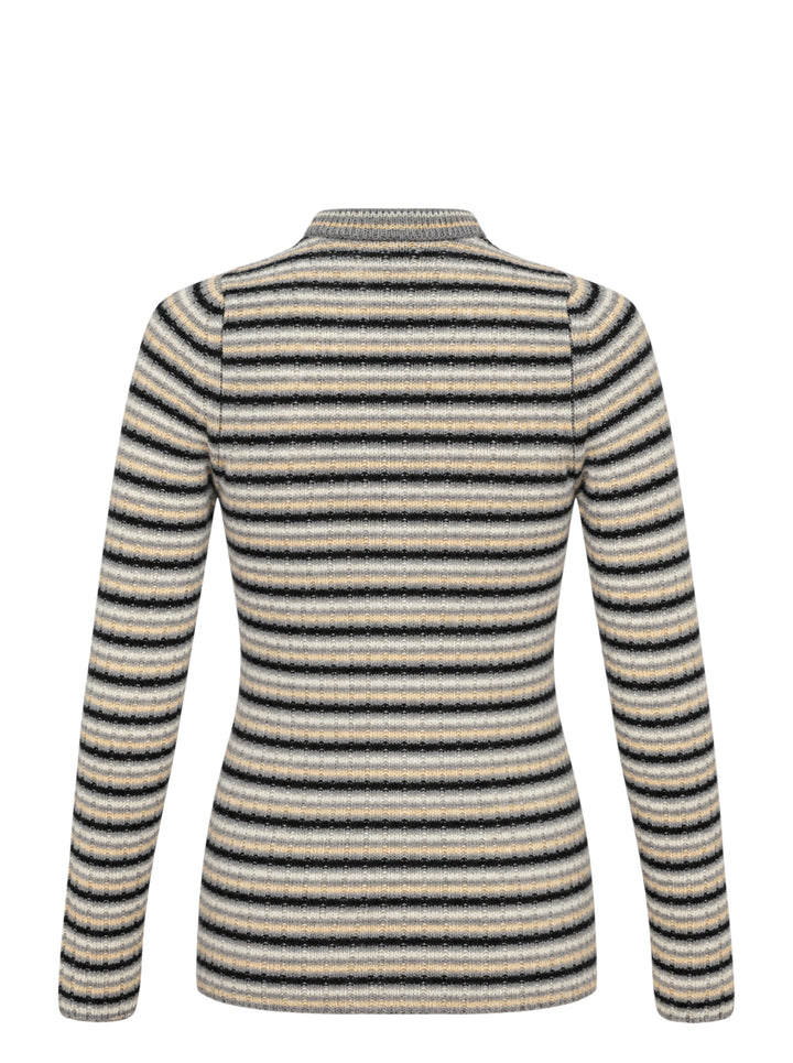Auralee striped rib knit cardigan in grey, cream, sand, and black with a button front and crew neckline - view 2