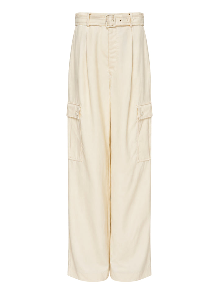 Cream belted wide-leg cargo pants with pleated front and button-flap side pockets