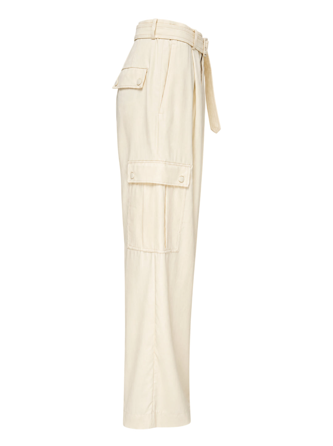 Cream belted wide-leg cargo pants with pleated front and button-flap side pockets - view 3