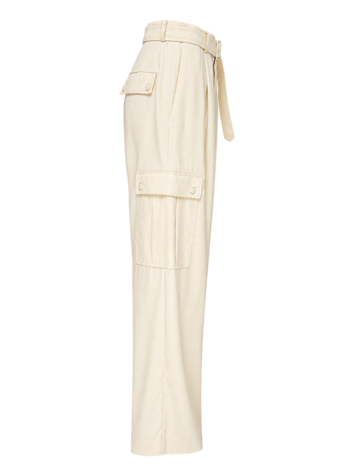 Cream belted wide-leg cargo pants with pleated front and button-flap side pockets - view 3