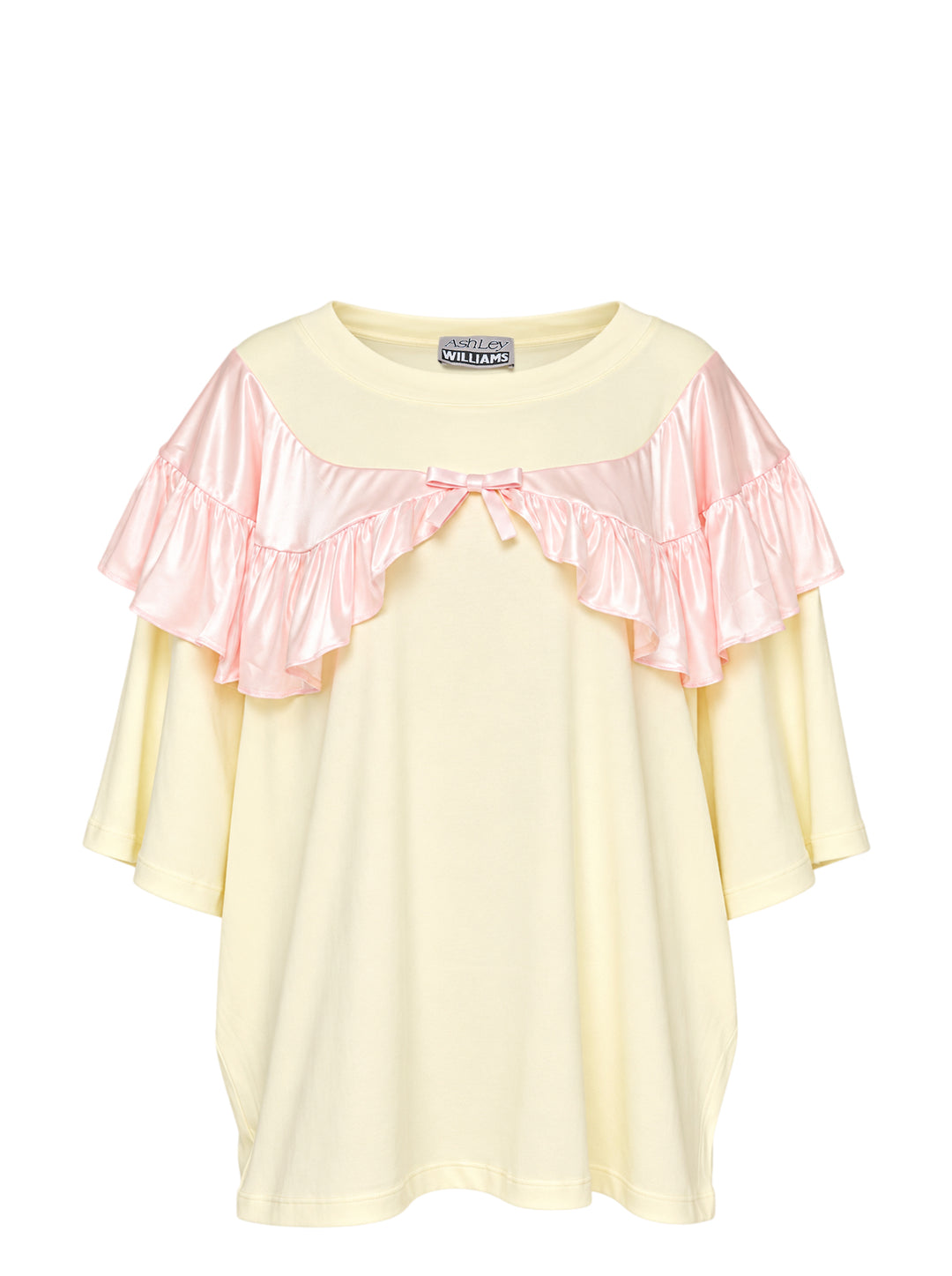 Ashley Williams Curtain T-Shirt in pale yellow with a pink satin ruffle yoke and bow detail at the chest