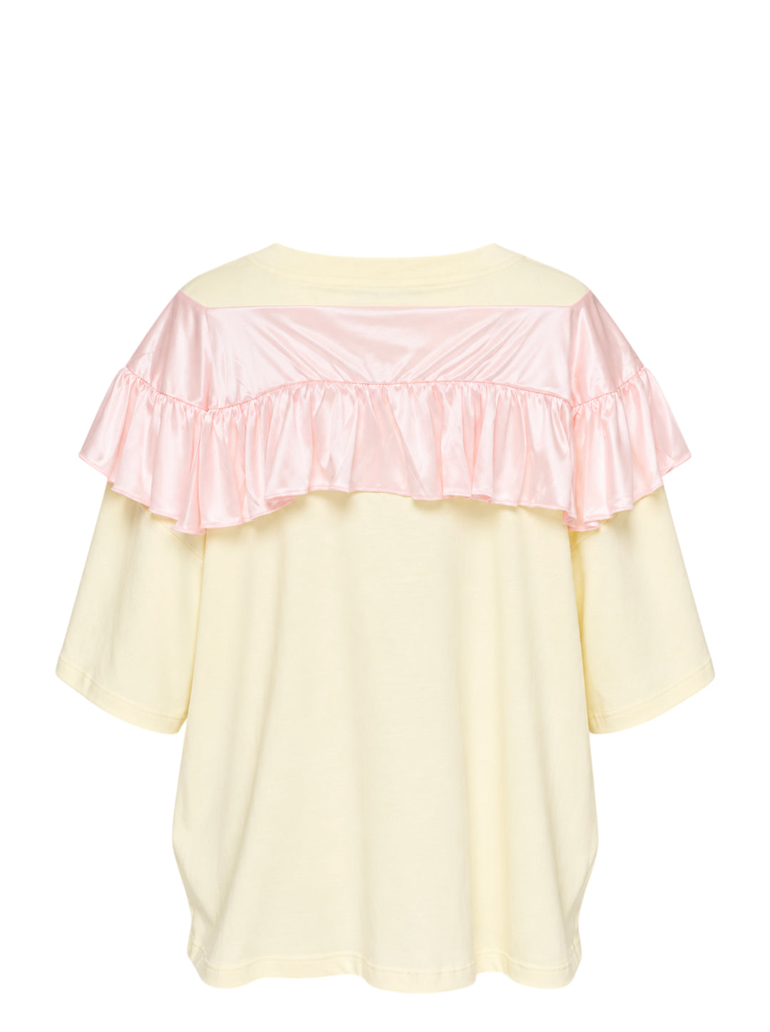 Ashley Williams Curtain T-Shirt in pale yellow with a pink satin ruffle yoke and bow detail at the chest - view 2