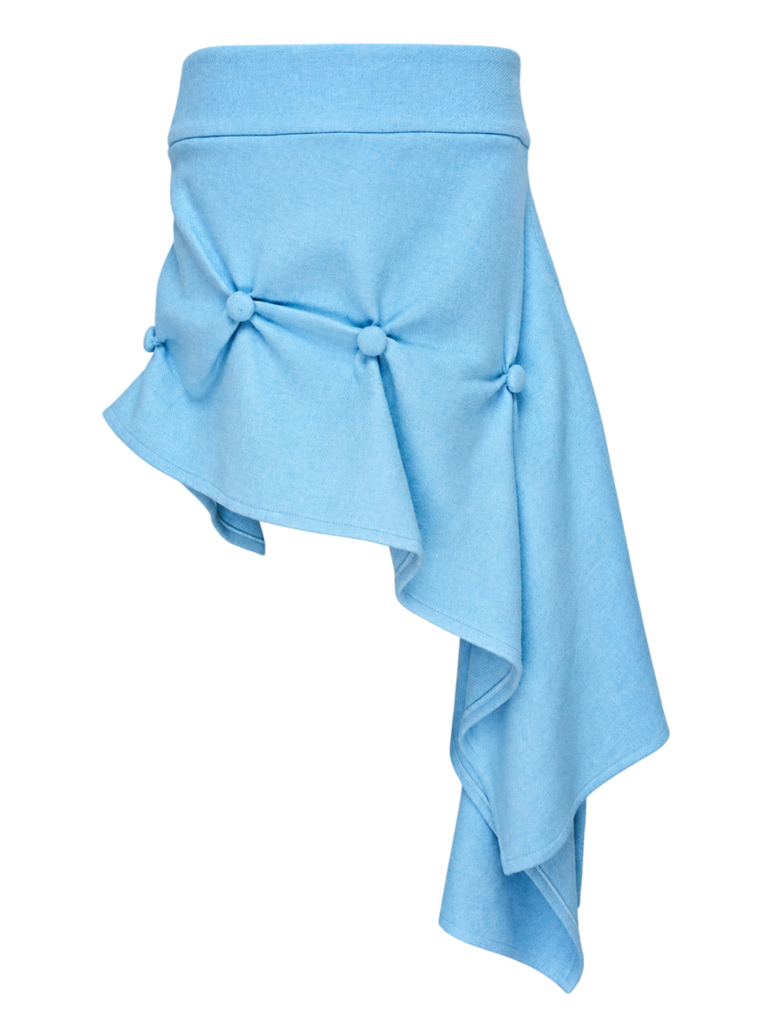 Sky blue asymmetric Claudia skort by Renaissance Renaissance with gathered fabric-covered button details and a cascading draped hem