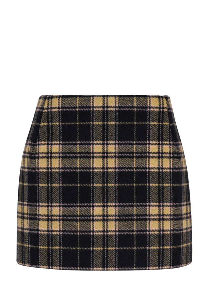 Duran Lantink padded tartan mini skirt in a black, mustard, and olive check pattern, shown flat against a white background