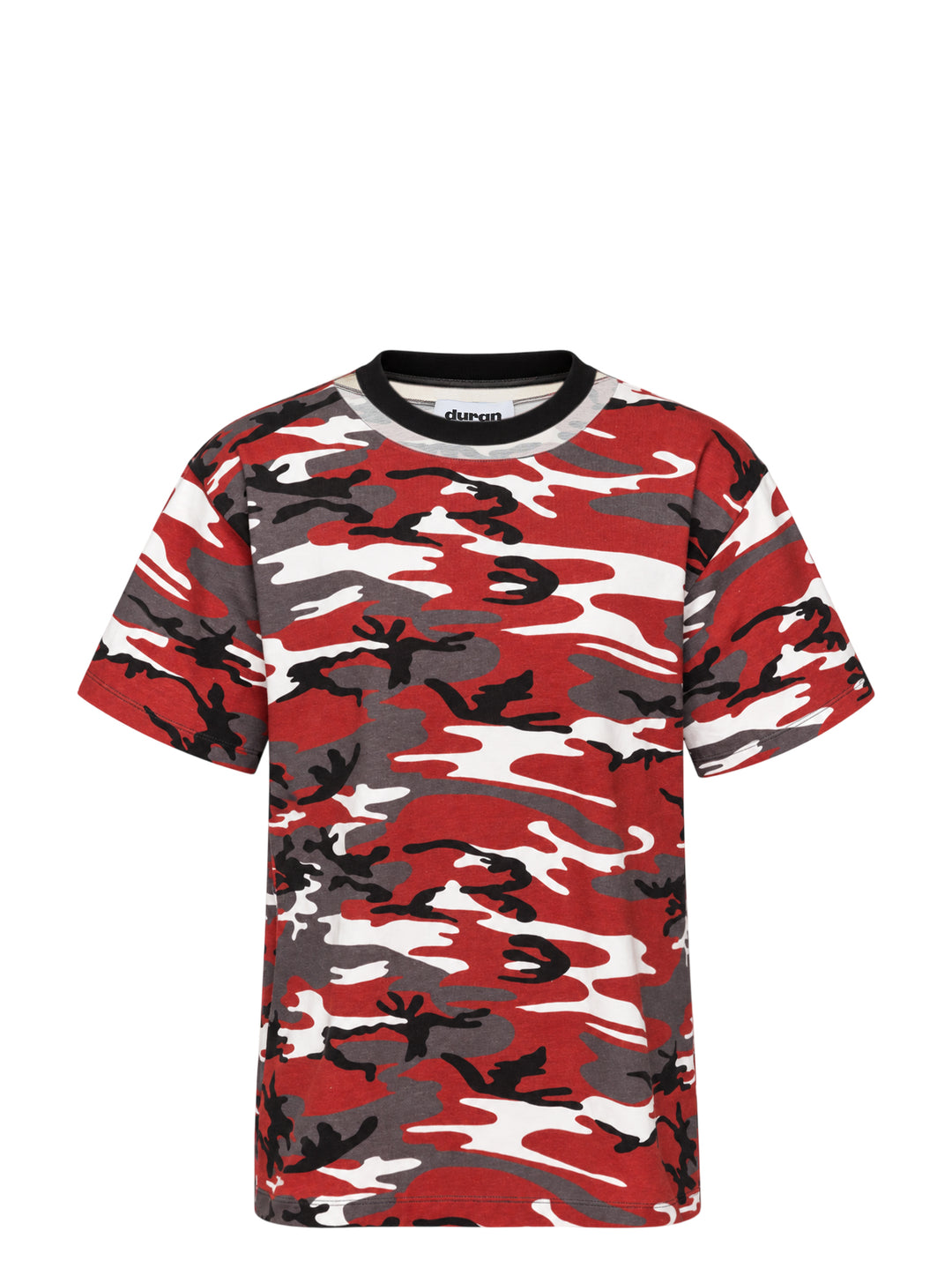 Duran Lantink Floating Camo Print T-Shirt in red, black, grey and white camouflage with black ribbed collar, front view