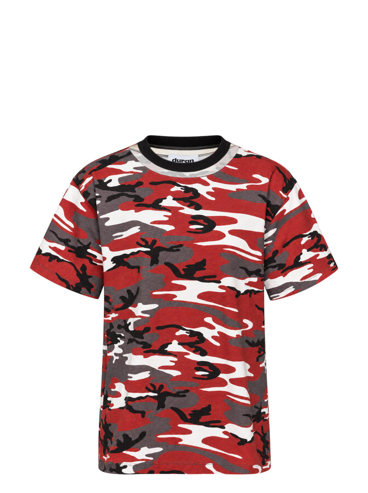 Duran Lantink Floating Camo Print T-Shirt in red, black, grey and white camouflage with black ribbed collar, front view