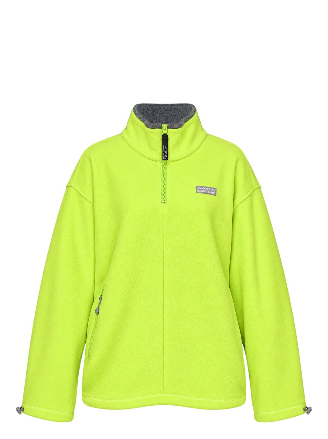 Sandy Liang Ascher pullover in lime green fleece with half-zip front, grey contrast collar, toggle cuffs and woven logo patch