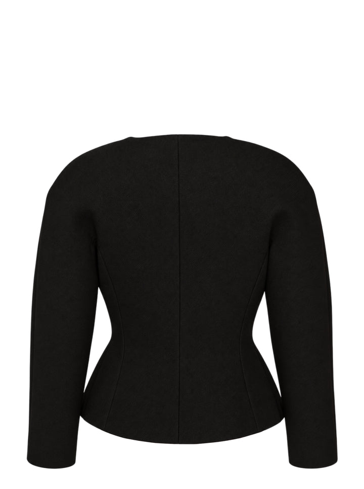 Jacquemus La Petite Veste Ovalo black collarless jacket with rounded shoulders, cinched waist and flared hem, shown from the front - view 2