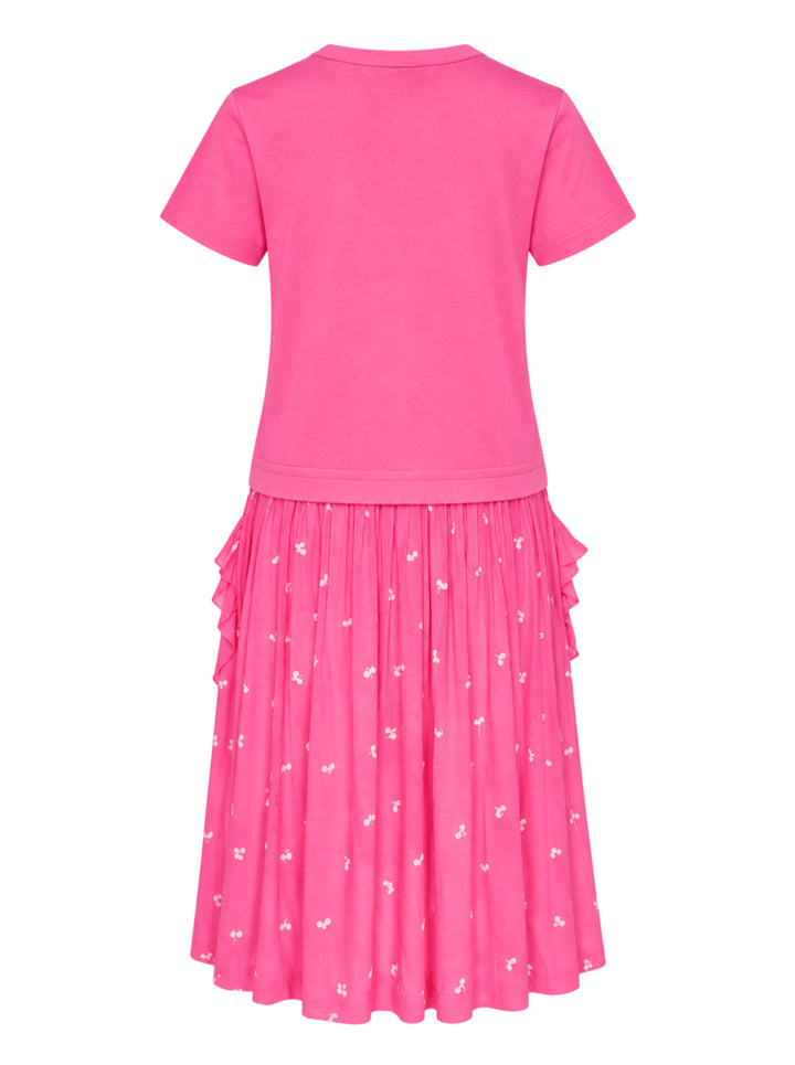 Comme des Garçons Girl pink dress with a short-sleeve jersey tee top and a gathered cherry-print skirt with ruffled pockets - view 2
