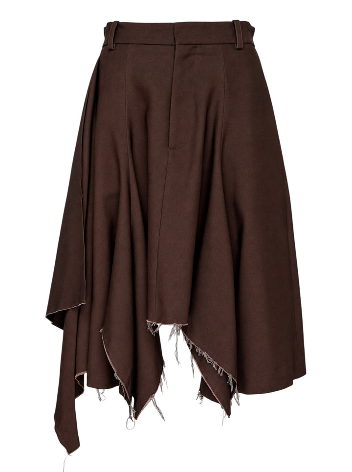 Niccolò Pasqualetti Nave wool skort in chocolate brown with asymmetric handkerchief hem and raw frayed edges