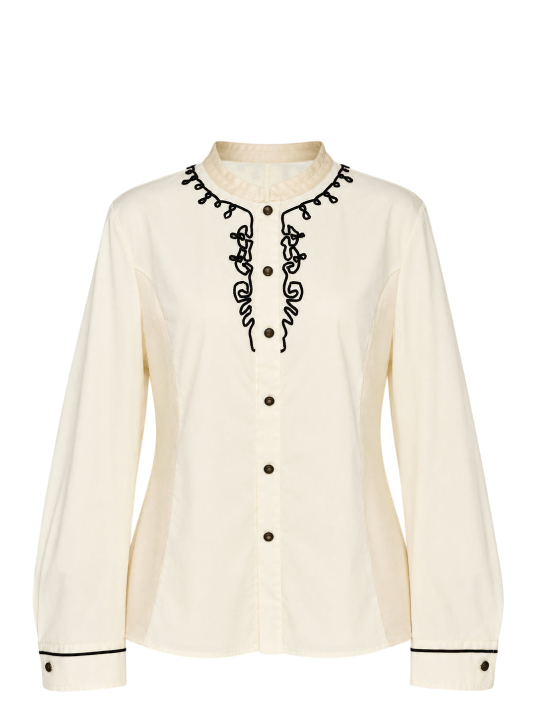 Renli Su cream cotton blouse with black cord embroidery at the stand collar and placket, antique metal buttons and piped cuffs