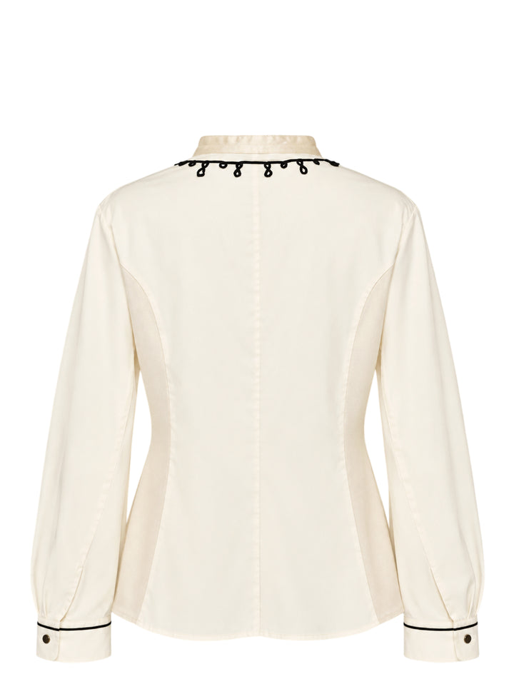 Renli Su cream cotton blouse with black cord embroidery at the stand collar and placket, antique metal buttons and piped cuffs - view 2