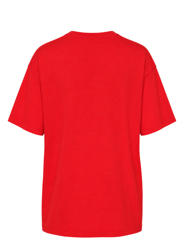 Red oversized Undercover short-sleeve tee with a blue birdcage illustration and white 'Unseen Birds' lettering on the chest - view 2