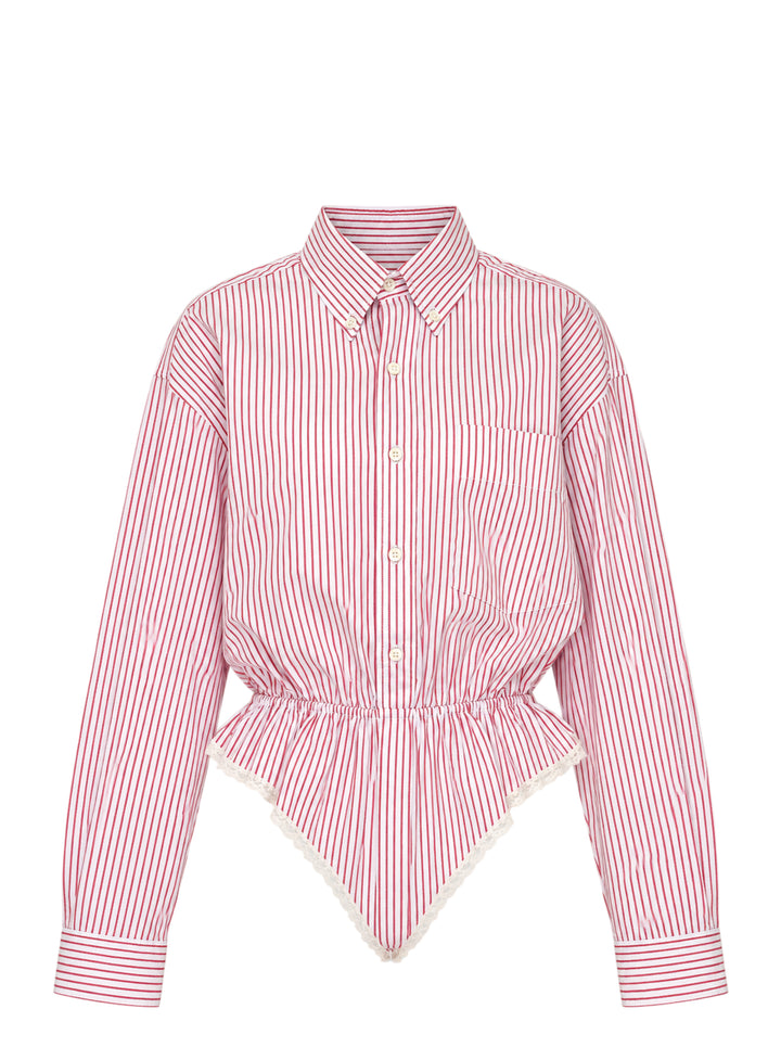 Vaquera red and white striped button-down shirt bodysuit with elasticated peplum waist and cream lace-trimmed leotard base