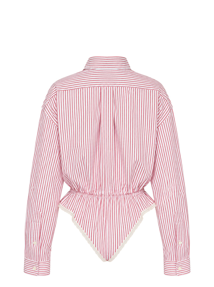 Vaquera red and white striped button-down shirt bodysuit with elasticated peplum waist and cream lace-trimmed leotard base - view 2