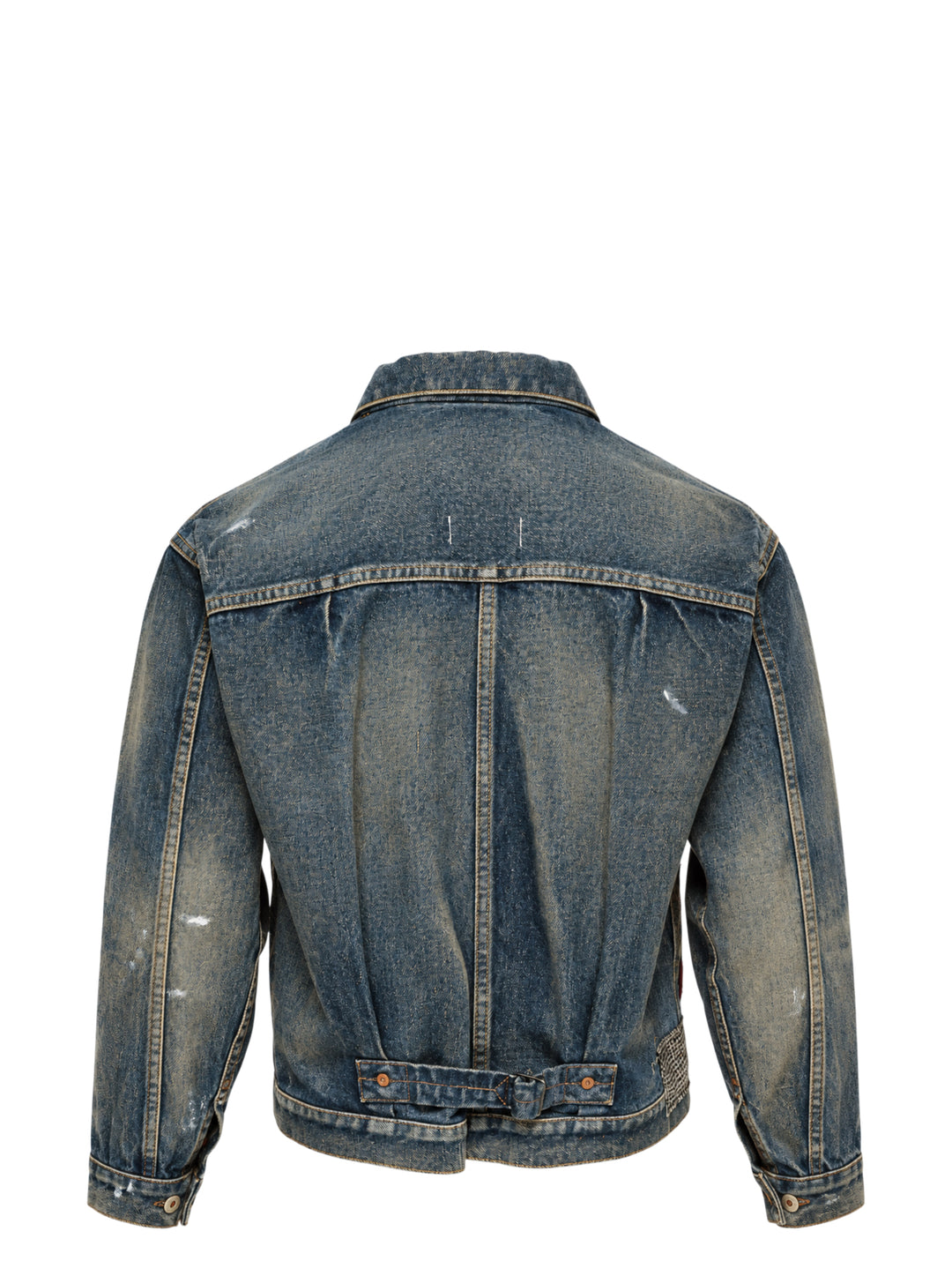 Junya Watanabe patchwork denim jacket in distressed indigo with mixed tweed, houndstooth, tartan plaid, and herringbone fabric appliqués, front view - view 2