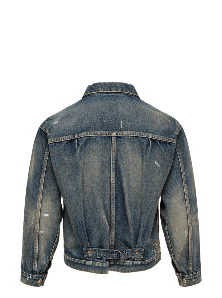 Junya Watanabe patchwork denim jacket in distressed indigo with mixed tweed, houndstooth, tartan plaid, and herringbone fabric appliqués, front view - view 2