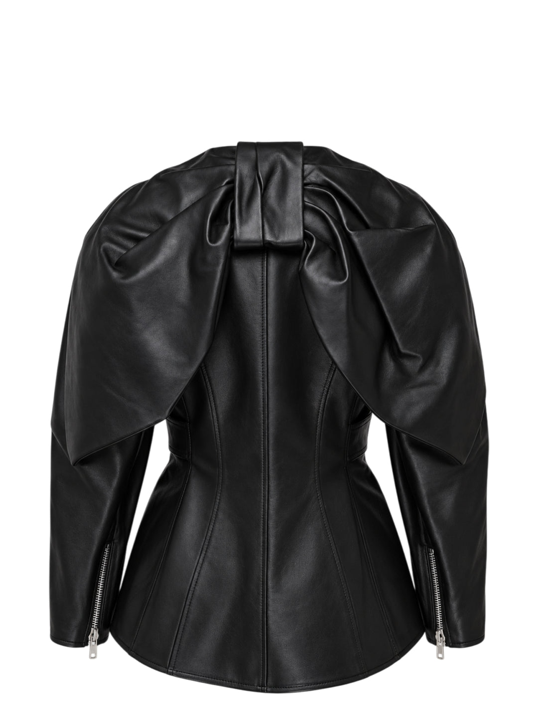 Simone Rocha black sculpted biker jacket with asymmetric zip front, rounded shoulders, flap pockets and wide silver-buckle belt at the waist - view 2