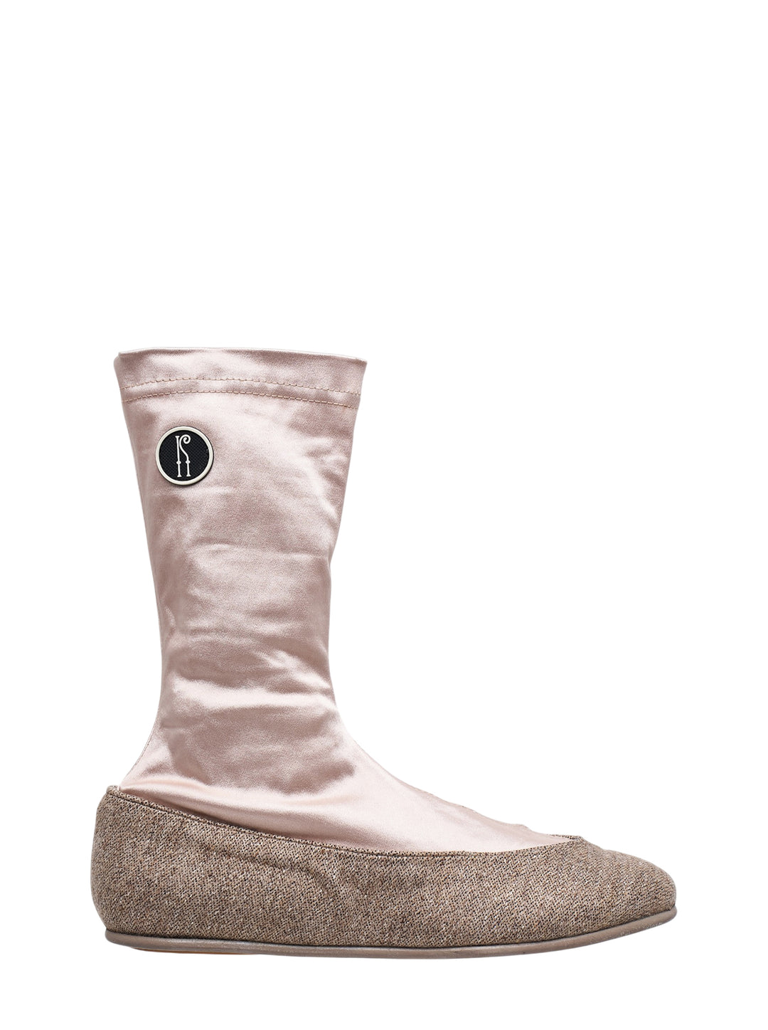 Kiko Kostadinov Proxima Low Ballerina boot in blush satin with a textured flecked foot and circular logo badge, shown in profile