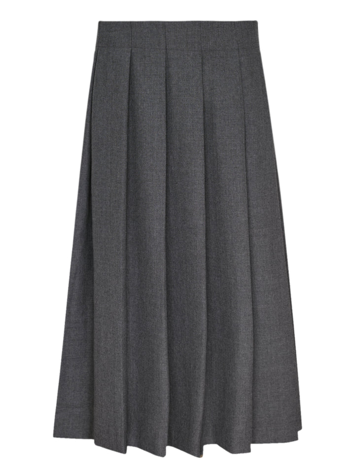 Vaquera heathered grey pleated midi skirt with box pleats and fitted waistband, shown flat on a white background