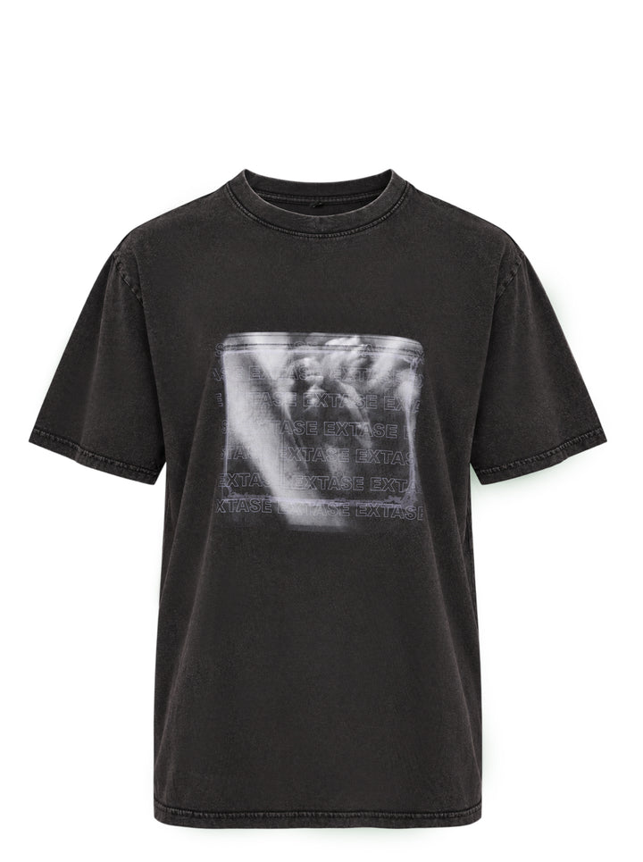 Deathmask Hedy Lamarr And The Frequency washed black short sleeve tee with blurred monochrome graphic and repeating EXTASE text on the chest