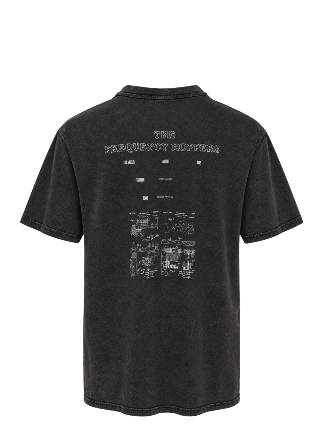 Deathmask Hedy Lamarr And The Frequency washed black short sleeve tee with blurred monochrome graphic and repeating EXTASE text on the chest - view 2