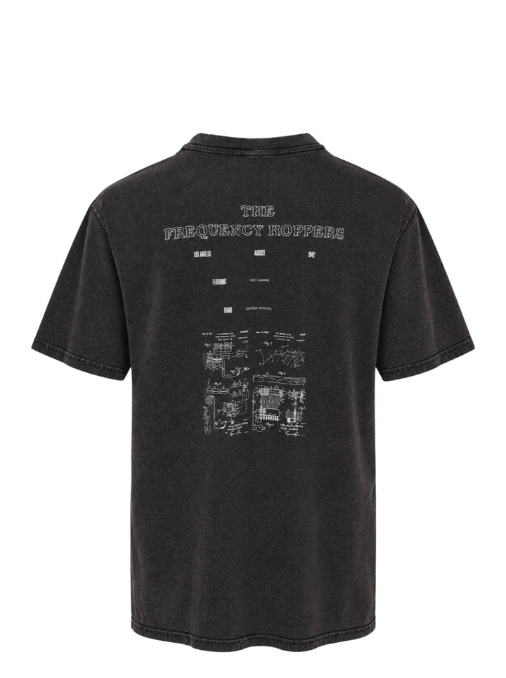 Deathmask Hedy Lamarr And The Frequency washed black short sleeve tee with blurred monochrome graphic and repeating EXTASE text on the chest - view 2