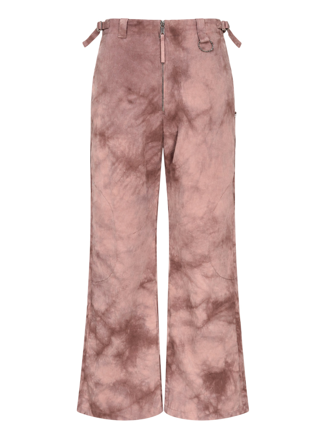 Dusty rose and brown tie-dye wide-leg trousers with a zip front, waist buckle adjusters and curved knee panel seams