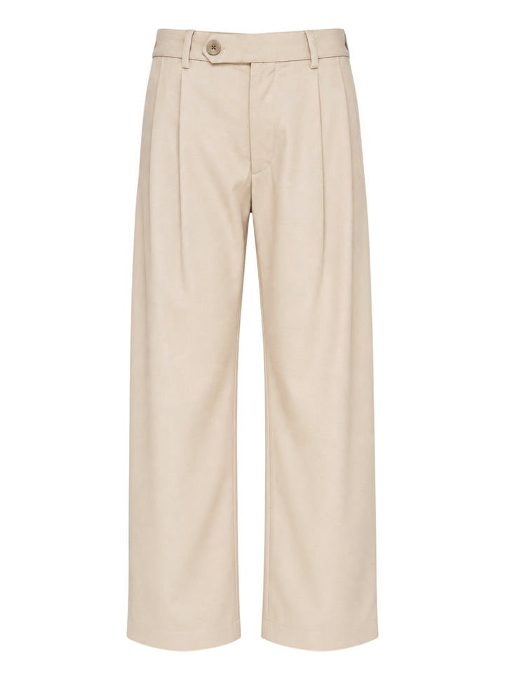 Small Talk Studio double pleat wide-leg trousers in a stone neutral tone, shown front-facing with tab waistband closure