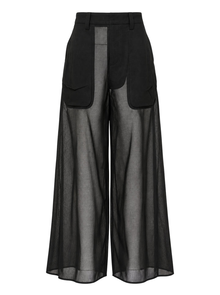 Black sheer wide-leg cargo tailored trousers with structured patch pockets and a high waist by Torishéju