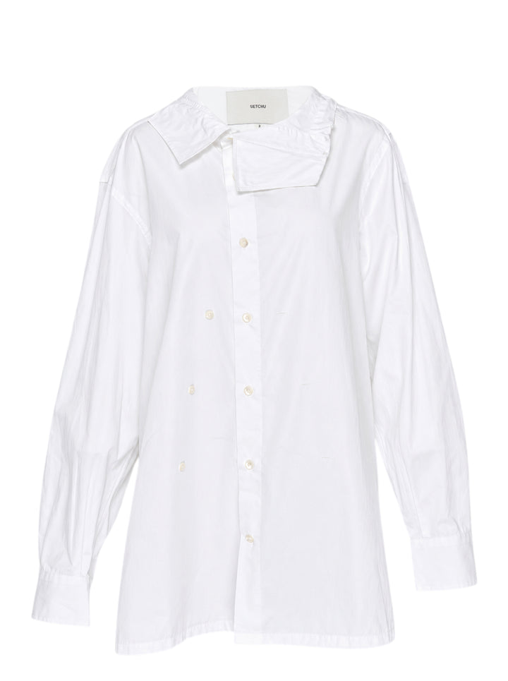 Setchu white cotton shirt with asymmetric folded collar, offset double-breasted button placket and oversized long sleeves