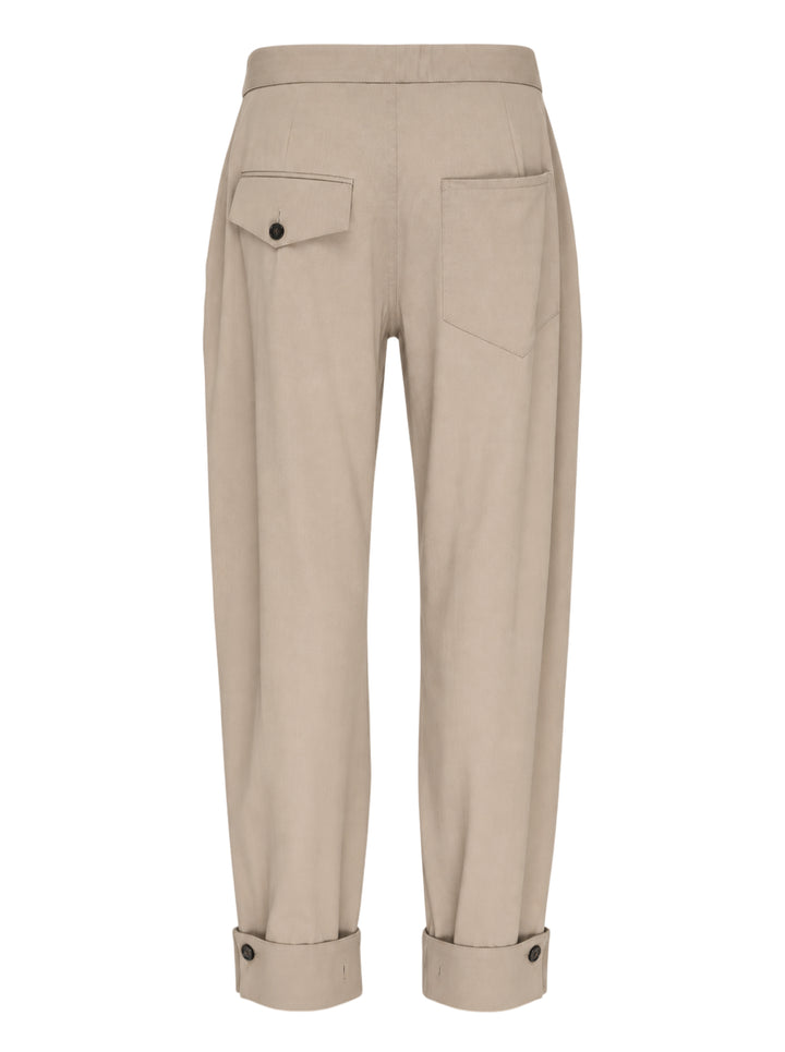 Setchu Origami Pants 2 in a stone-toned wool-cotton blend, shown front view with pleated waist, button fly and button-tab cuffs - view 2