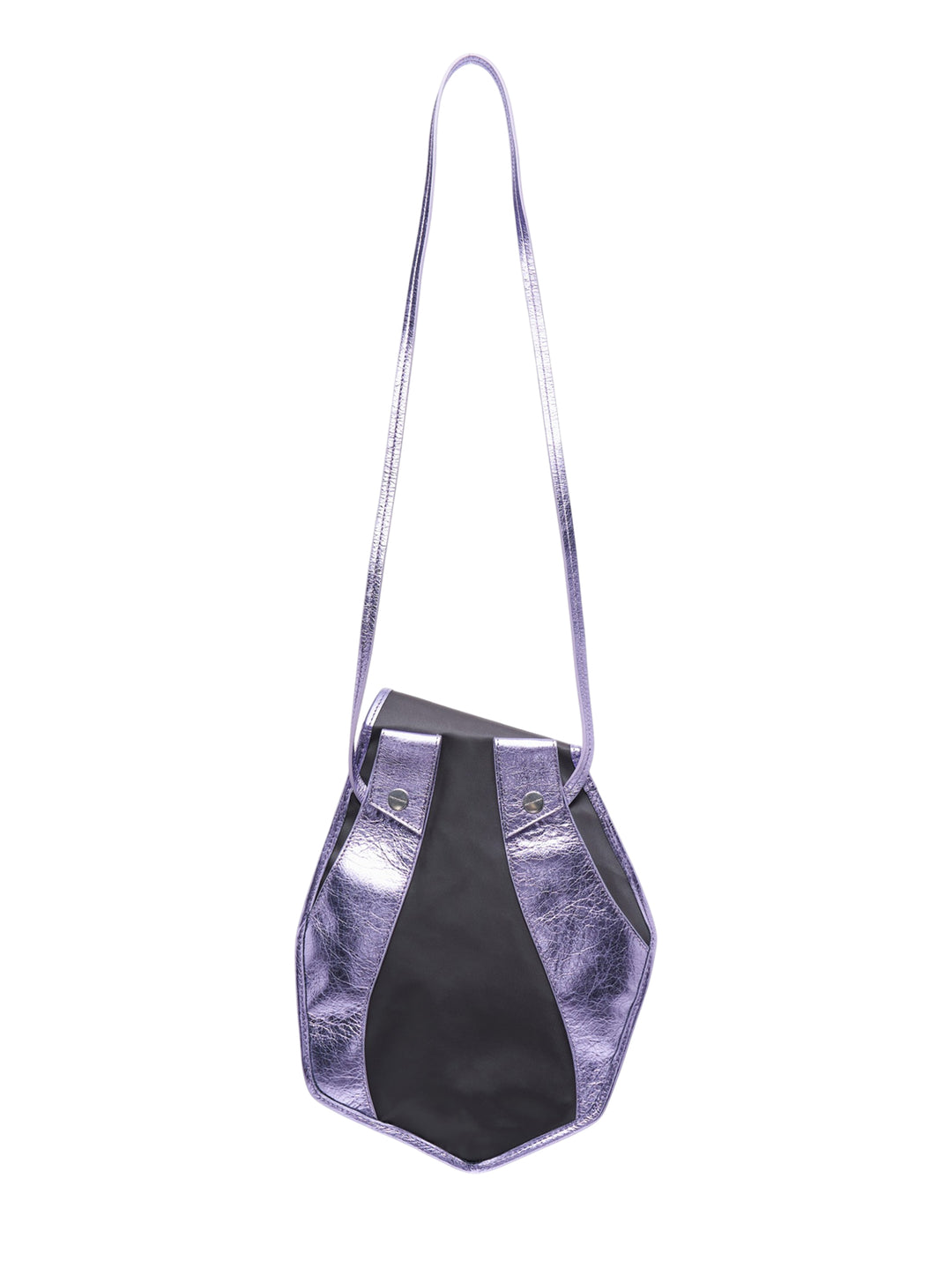 Kiko Kostadinov Solva Pouch with angular charcoal ribbed body, metallic lilac leather trim, buckle strap detail and long shoulder strap - view 2