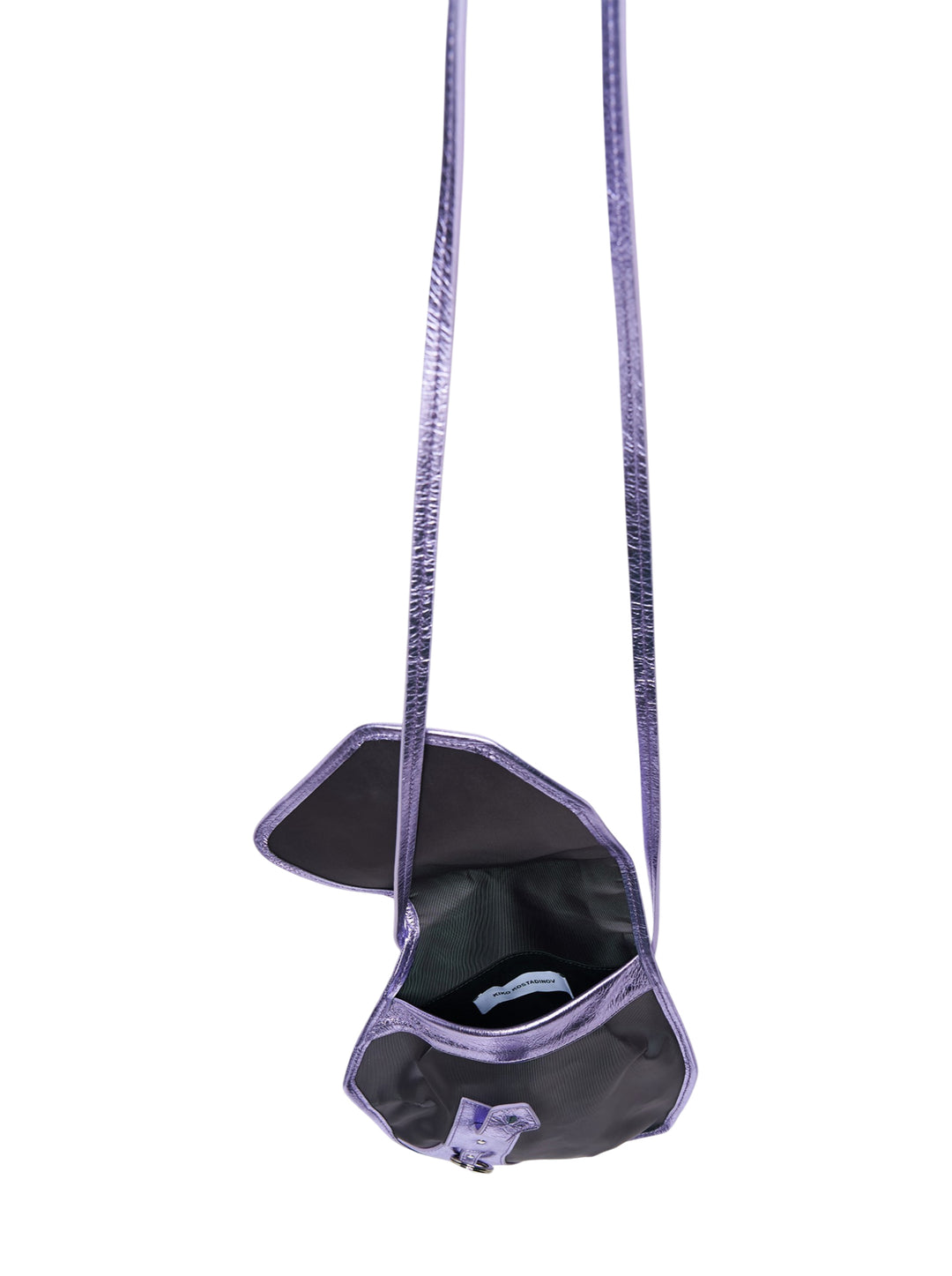 Kiko Kostadinov Solva Pouch with angular charcoal ribbed body, metallic lilac leather trim, buckle strap detail and long shoulder strap - view 3
