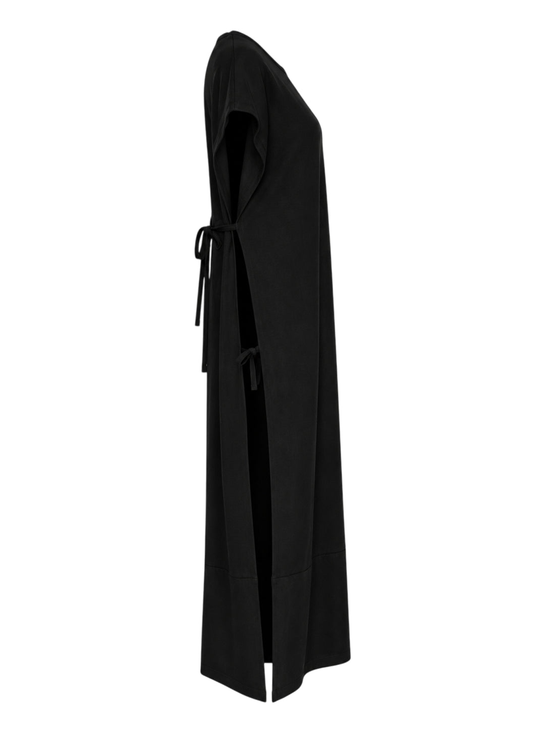 Setchu Makimono black maxi dress with cap sleeves, centre front seam, side drawcord and eyelet-trimmed hem - view 4