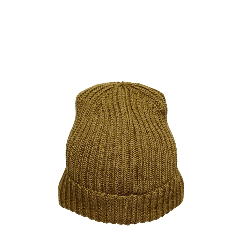 C.P. Company Extrafine Merino Wool Goggle Beanie in olive, ribbed knit with integrated dark-tinted goggle lenses on the fold-over cuff