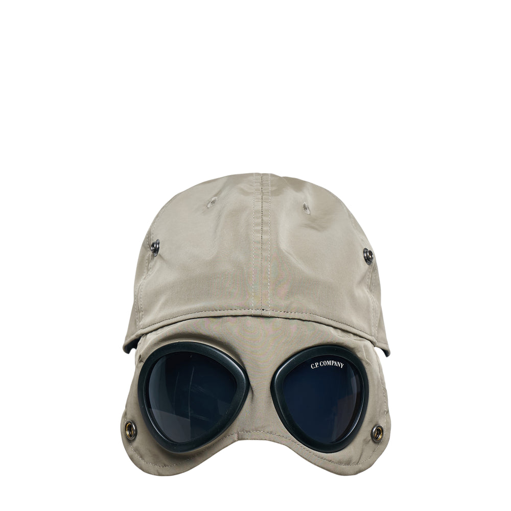 C.P. Company Chrome-R Goggle Cap in stone beige nylon with embroidered logo and contrast stitching, front view
