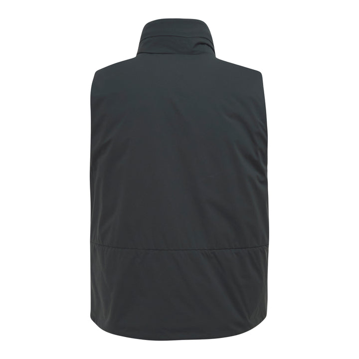C.P. Company Pro-Tek Primaloft Silver Vest in dark grey, front view, showing stand collar, hidden zip placket, chest zip pockets, lower patch pockets, and NFC badge at the hem