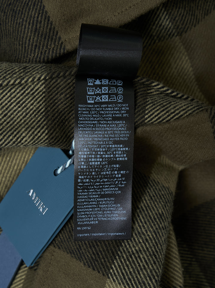Amiri oversized heavy flannel shirt in olive and black buffalo check with snap-button front and embroidered script logo at the chest - view 3