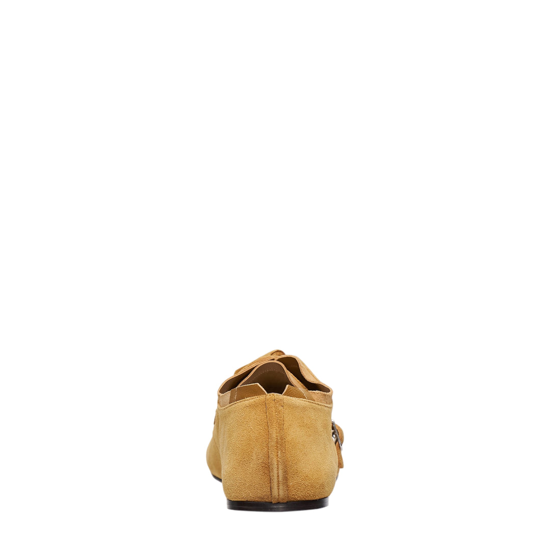 Sonia Carrasco Tassel Strap Loafer in camel tan suede with oversized tassel detail, single monk strap with silver buckle, and moccasin hand-stitched welt — side profile view - view 3