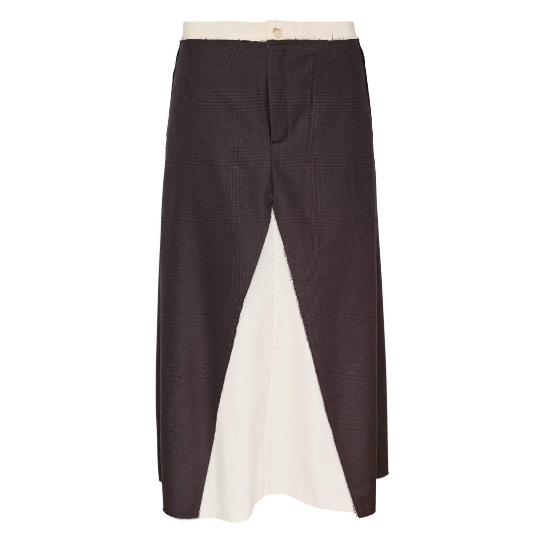 Sonia Carrasco contrast panel tailored midi skirt in dark brown houndstooth with ivory raw-edge inset panel and frayed waistband, front view on white background