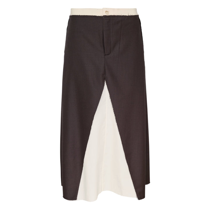 Sonia Carrasco contrast panel tailored midi skirt in dark brown houndstooth with ivory raw-edge inset panel and frayed waistband, front view on white background