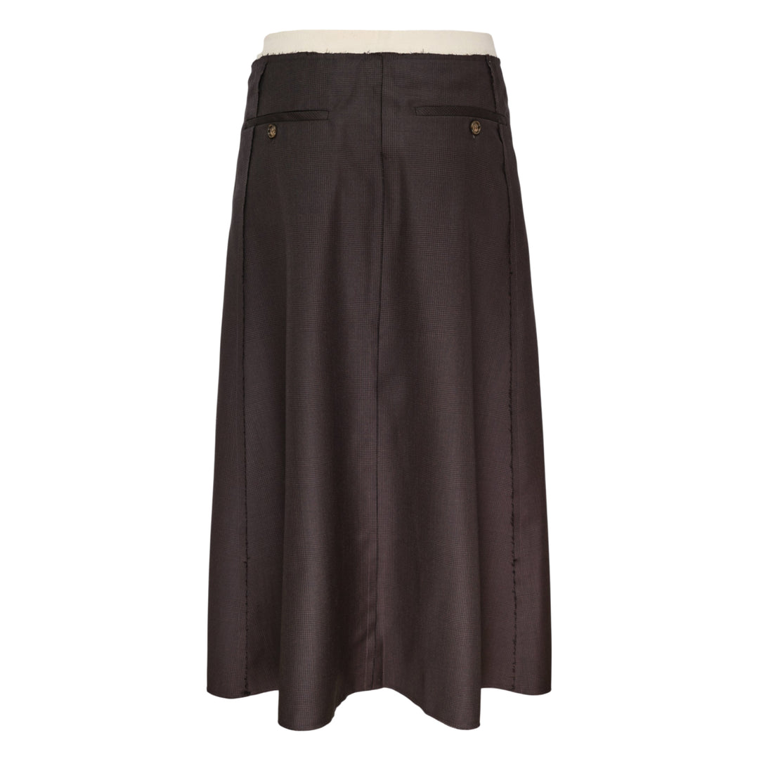 Sonia Carrasco contrast panel tailored midi skirt in dark brown houndstooth with ivory raw-edge inset panel and frayed waistband, front view on white background - view 2