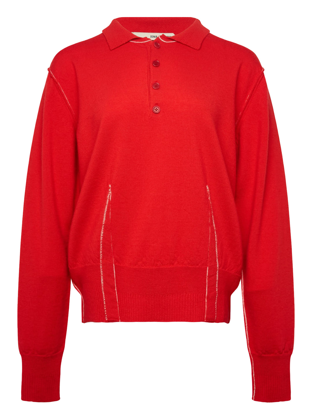 Sonia Carrasco red long sleeve knit polo sweater with contrast cream topstitching, three-button placket, polo collar, and ribbed hem and cuffs