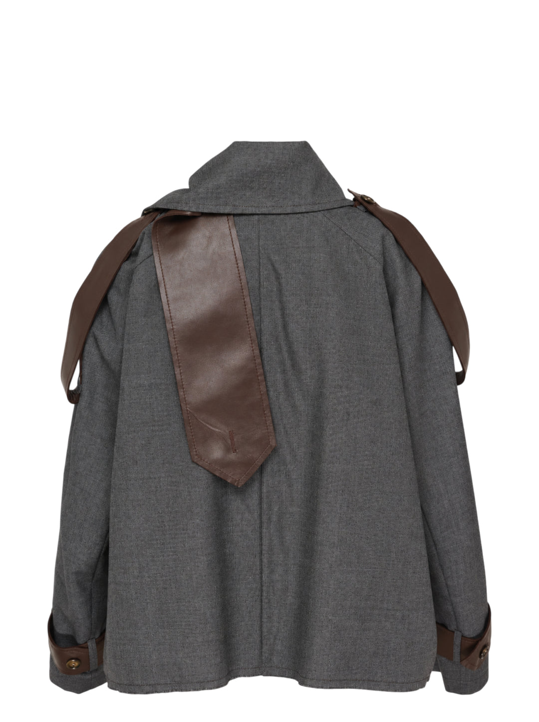 Sonia Carrasco cropped grey trench jacket with oversized pointed collar, button front and brown leather-look straps at the shoulders and cuffs - view 2