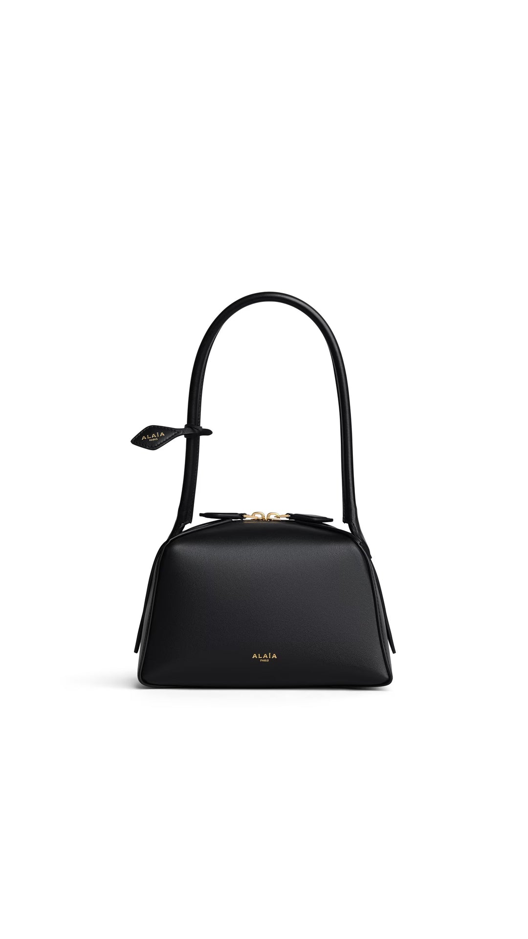 Alaïa Le Bouledogue small shoulder bag in smooth black calfskin with an elongated rounded handle and gold-tone zip closure