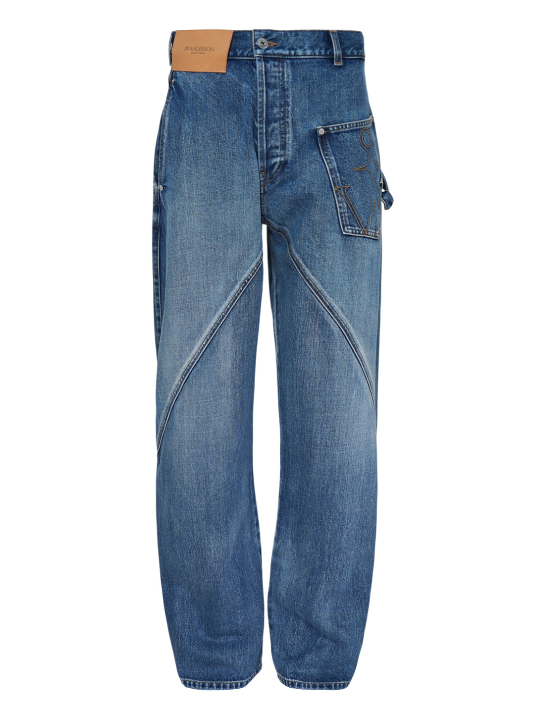 JW Anderson Twisted Workwear Jeans in washed blue denim with curved twisted seams, embroidered front pocket and leather logo patch at the waistband