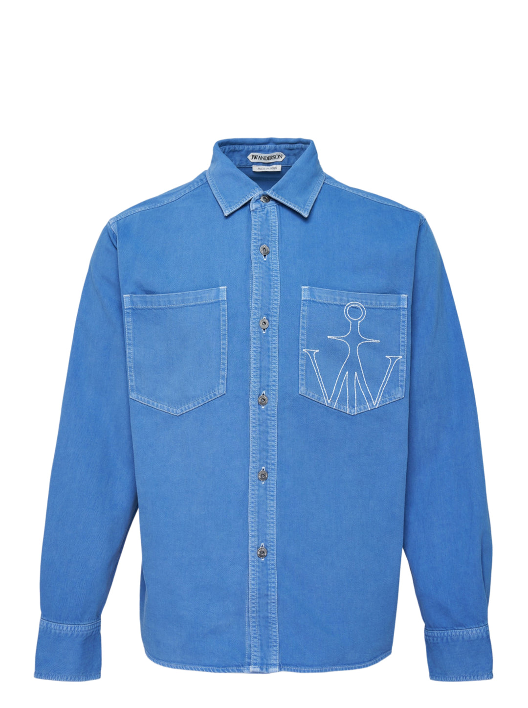 JW Anderson oversized long sleeve shirt in washed blue cotton twill with two chest pockets and an embroidered anchor logo