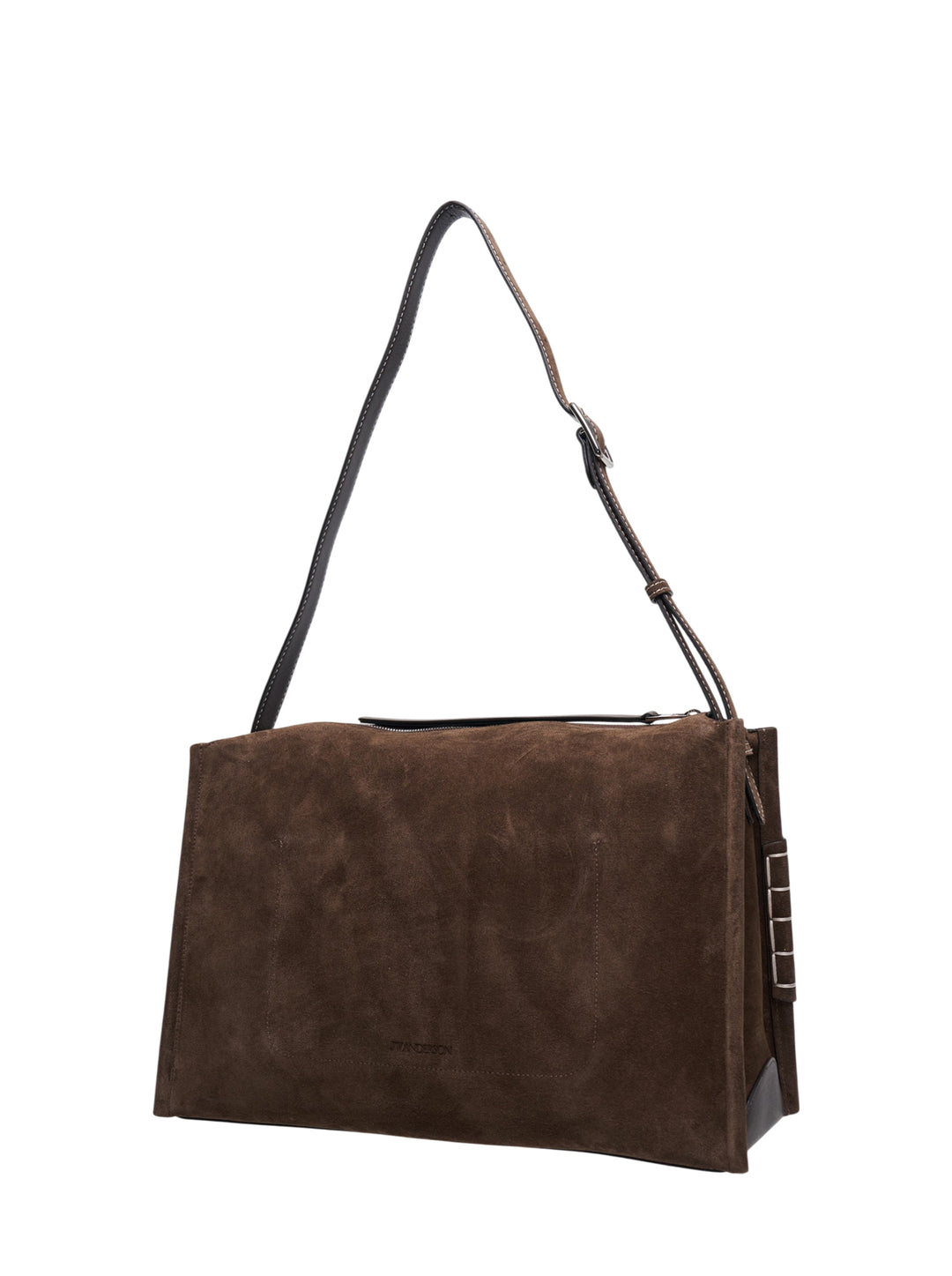 JW Anderson Messenger Loafer Bag in brown suede with adjustable dark leather crossbody strap, front slip pocket, and silver-tone bar hardware at both sides - view 2