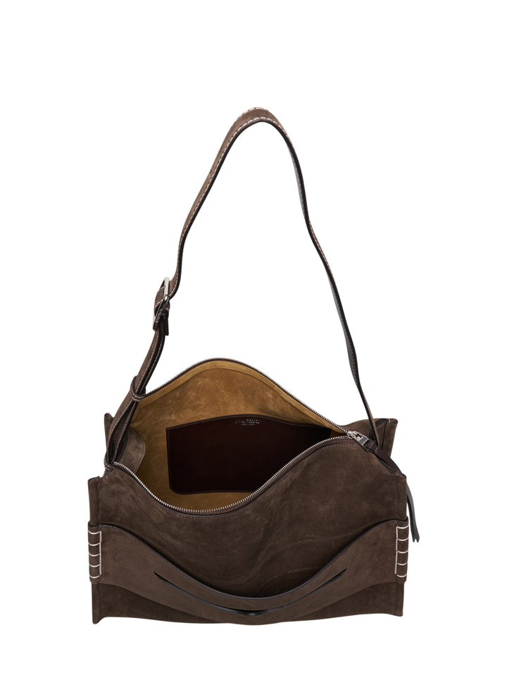 JW Anderson Messenger Loafer Bag in brown suede with adjustable dark leather crossbody strap, front slip pocket, and silver-tone bar hardware at both sides - view 3